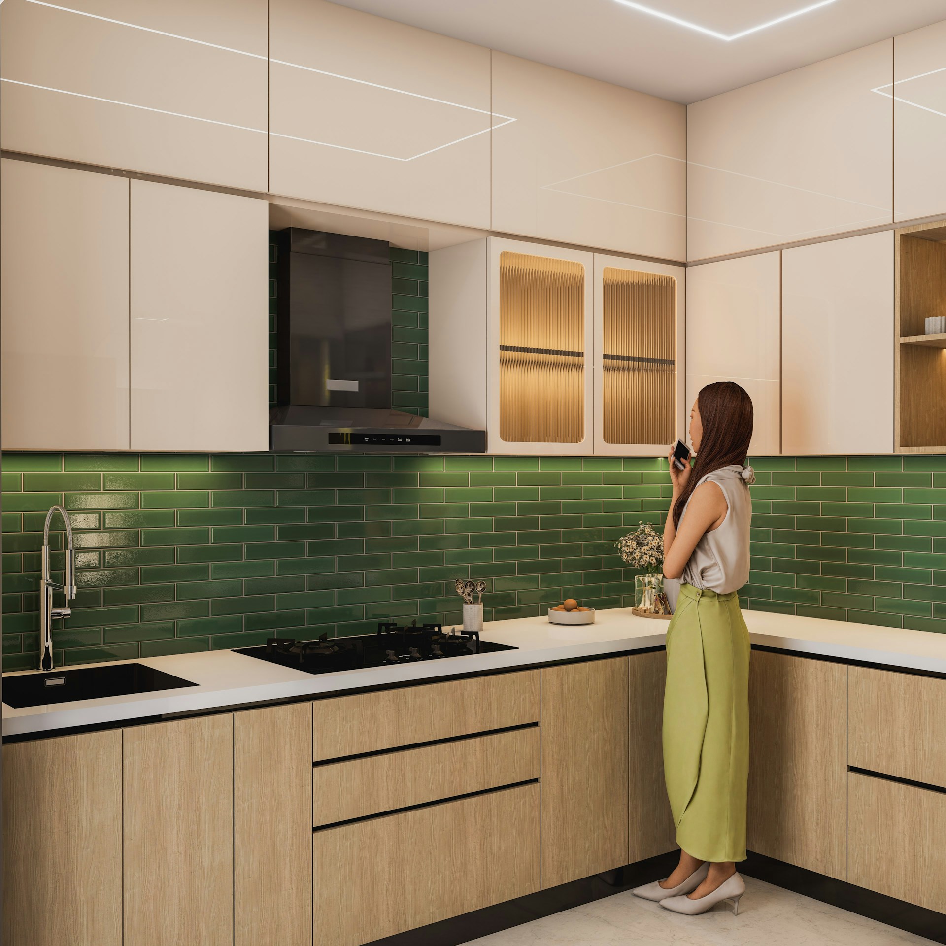 Modern kitchen with eye catching green tile