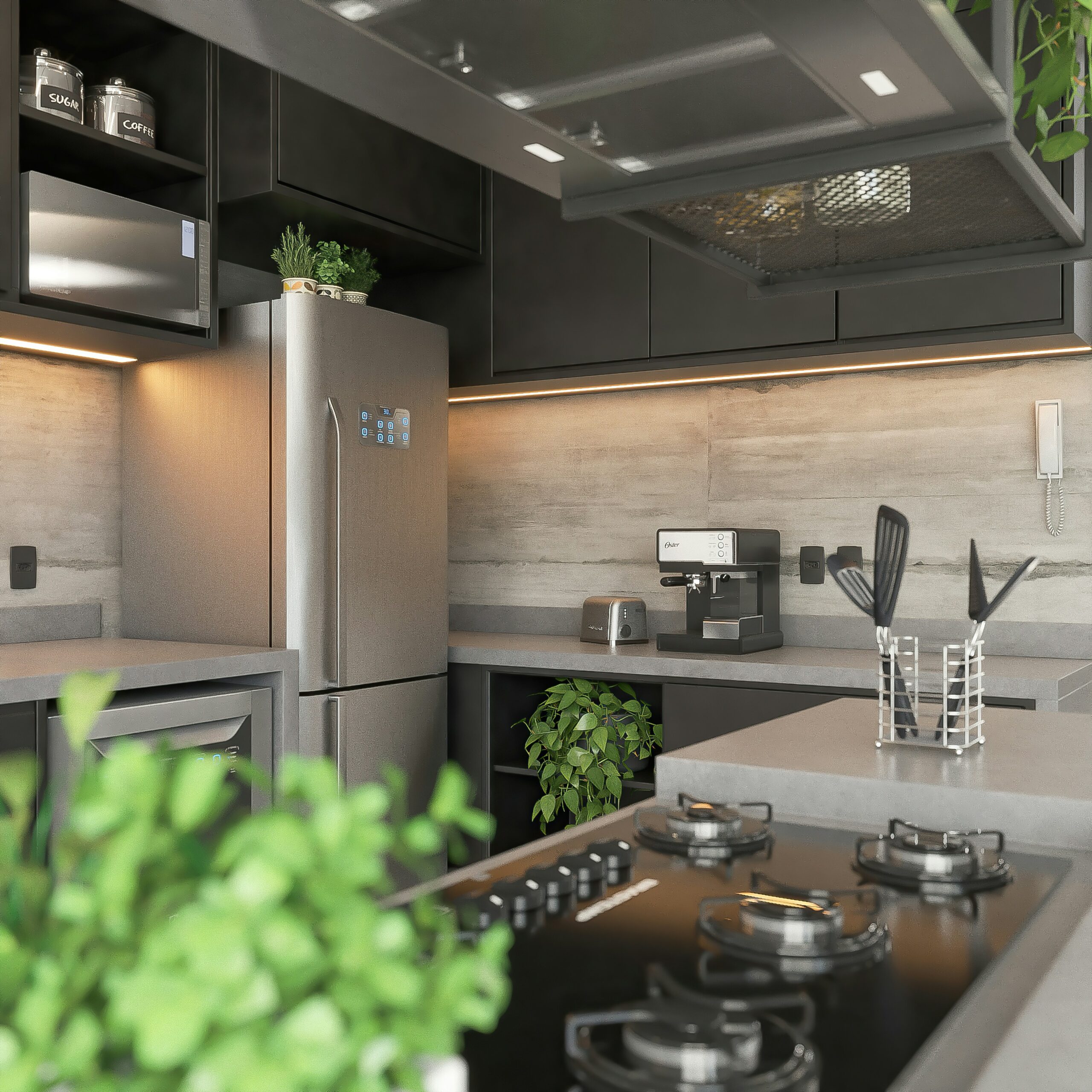 A kitchen with a stove top oven and a refrigerator