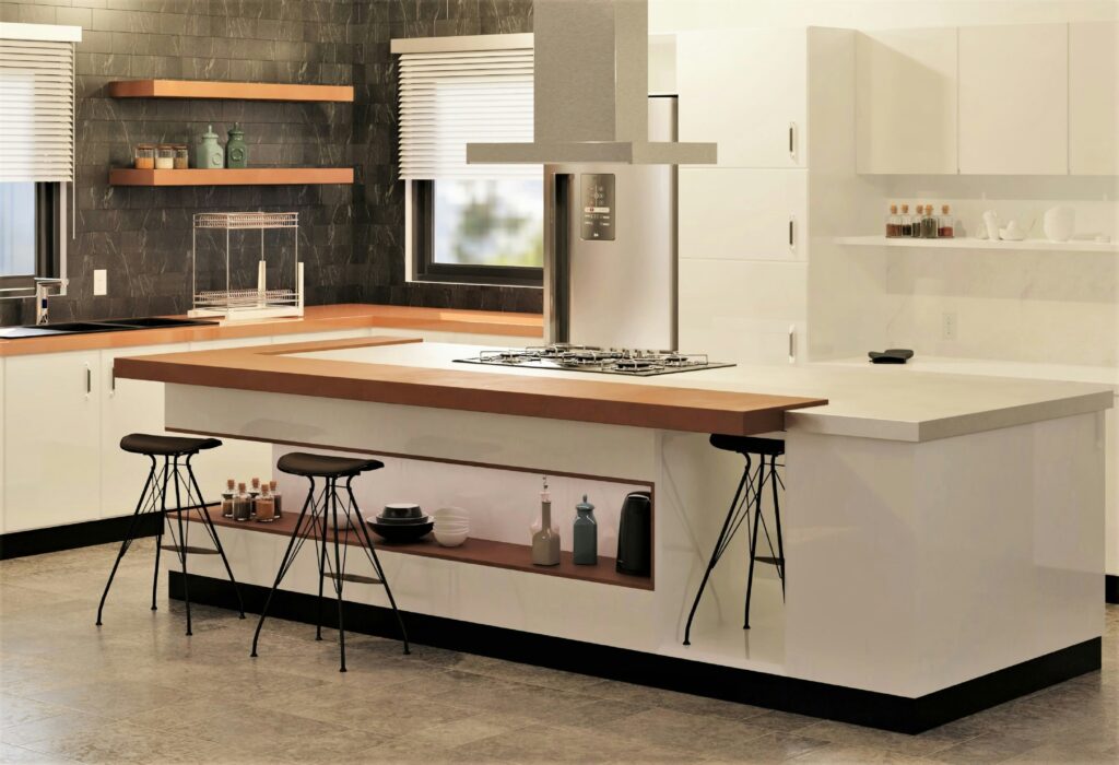 Modern kitchen with white cabinetry and an island